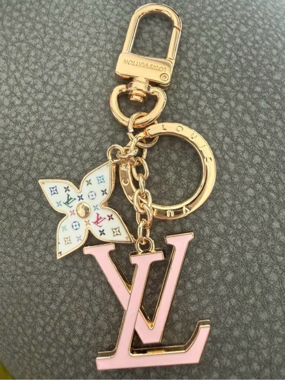 Louis Vuitton Pink Enamel LV Monogram Key Charm with White Multicolor Flower